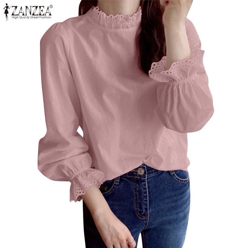 Áo kiểu Zanzea tay dài cổ đứng phối ren phong cách Hàn Quốc thời trang cho nữ