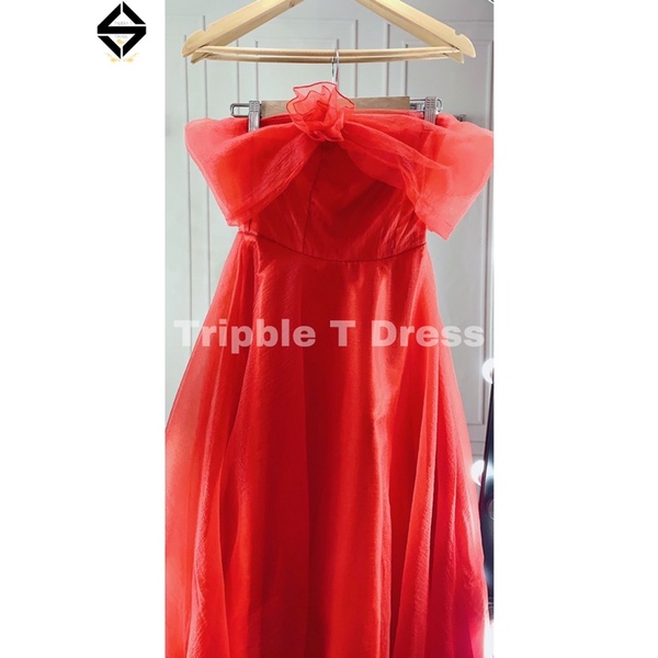 Đầm maxi xòe mặc cưới nhẹ nhàng bẹt vai phối hoa hồng TRIPBLE T DRESS - size S/M/L - MS30Y