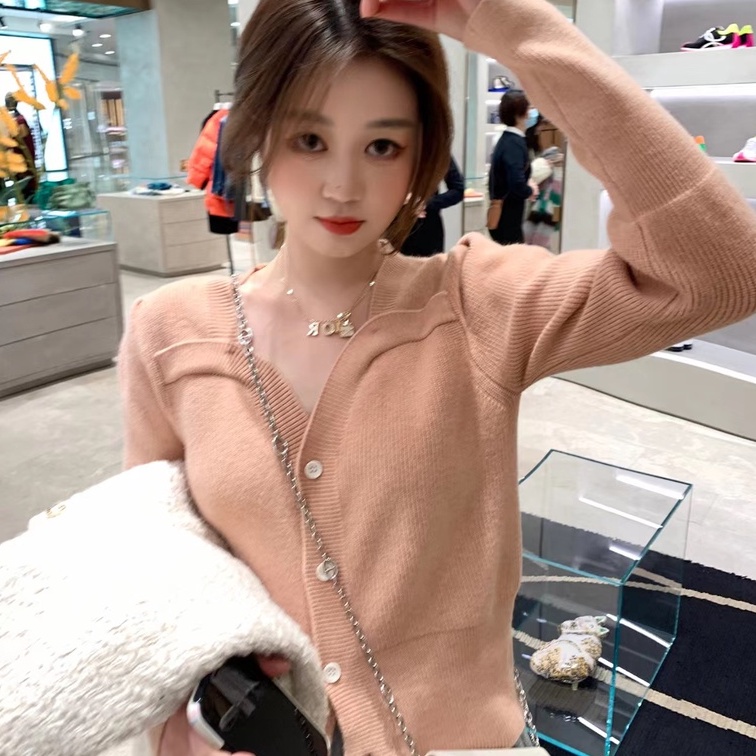 【ZHELIHANGFEI】Áo sơ mi dệt kim V - áo len gió tay dài cổ