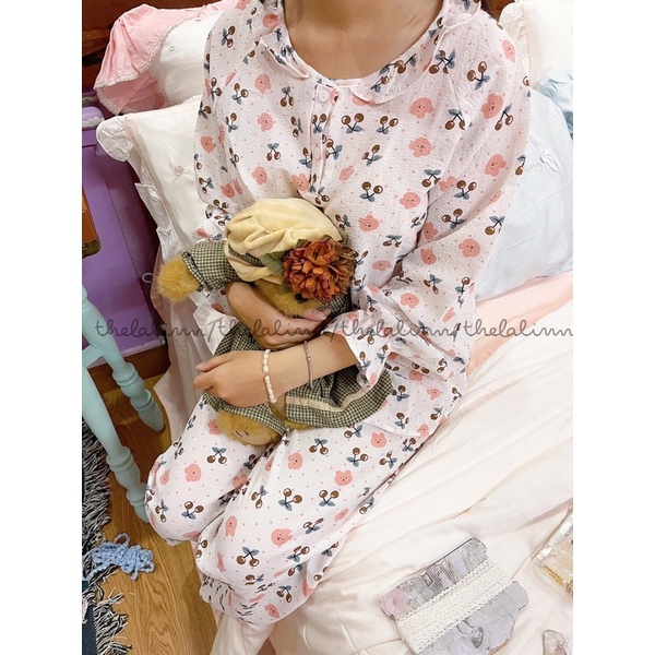[ ẢNH THẬT ] Pijama xốp đũi Hàn cổ viền bèo/cổ nút tay bo hoạ tiết xinh xắn. Bộ ngủ nữ hoạt hình dễ thương ( Pyjama )