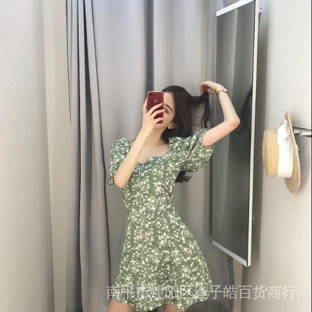 Đầm ngắn cổ vuông in hoa phong cách Hàn Quốc thời trang cho nữ