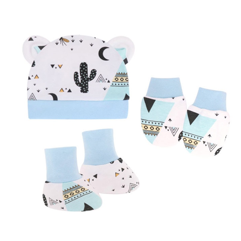 1 Bộ Găng Tay + Mũ + Đôi Găng Tay Bằng Cotton Mềm Mại Chống Trầy Xước Dành Cho Bé Sơ Sinh