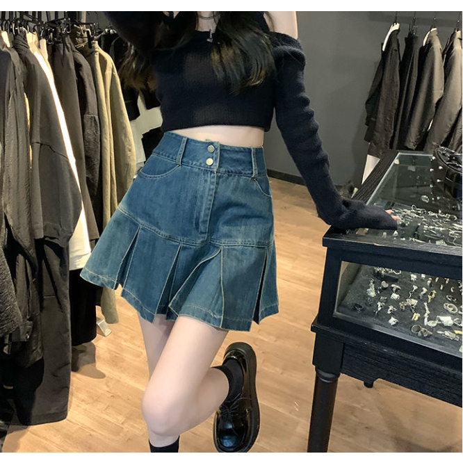 Jiashucheng Chân Váy Denim Chữ a Xếp Ly Lưng Cao Phong Cách Retro Mùa Hè Mới Cho Nữ