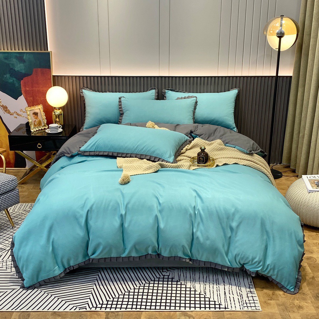 Bộ chăn ga gối Cotton Tici phối bèo , vỏ chăn mền, drap giường và 2 vỏ gối