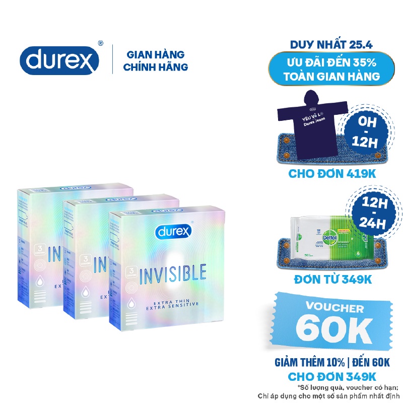 Bộ 3 bao cao su Durex Invisible 3 bao/gói