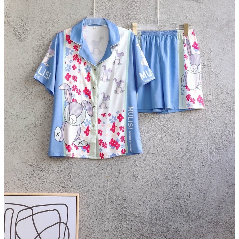 pijama đùi lụa xước cao cấp Quảng Châu thỏ tím