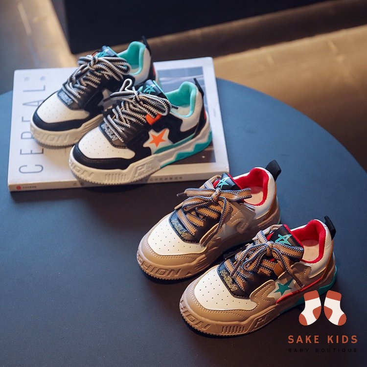 Giày sneakers bé trai bé gái-Giày thể thao dây rút gắn ngôi sao da PU siêu mềm êm chân năng động thoáng khí YNN85