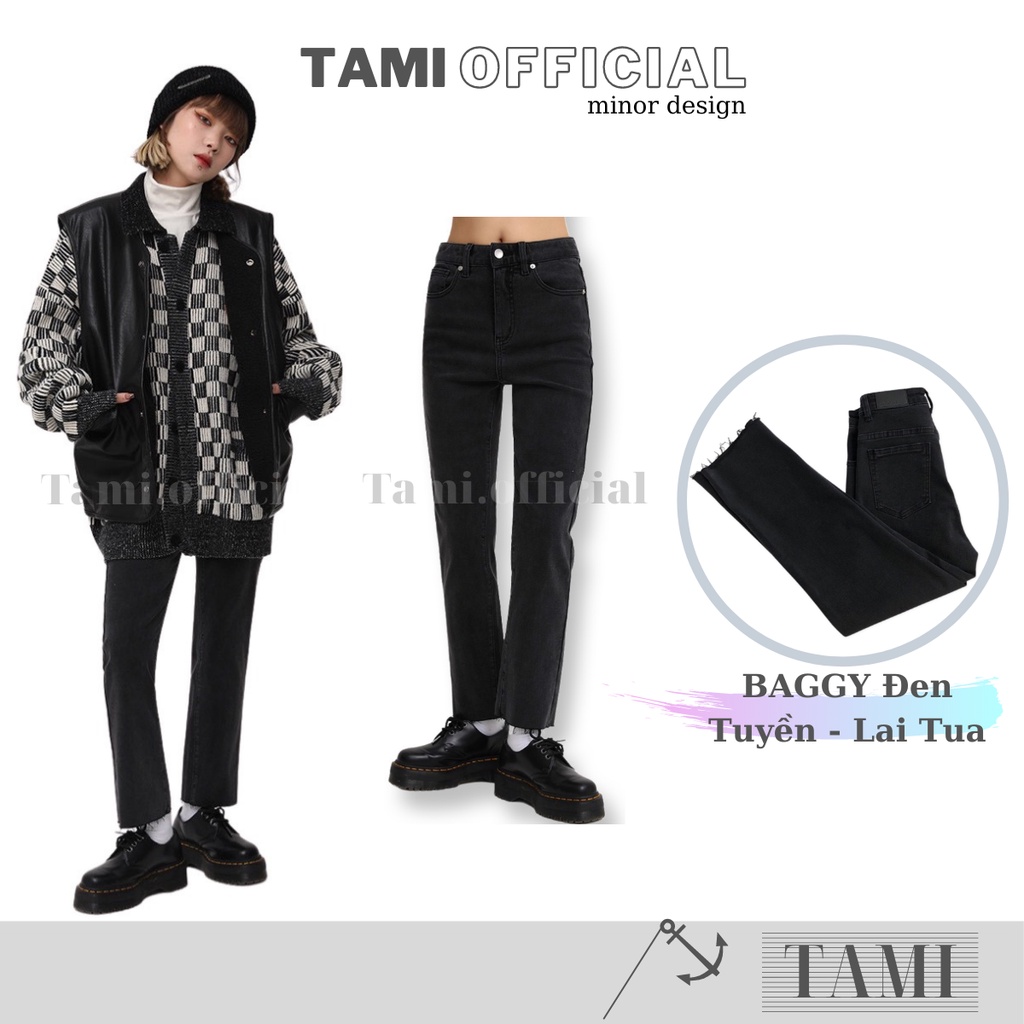 Quần Jeans BAGGY NỮ Đen Tuyền LAI TUA Đáy Cao Siêu HÁCH DÁNG [ Tami Official ]