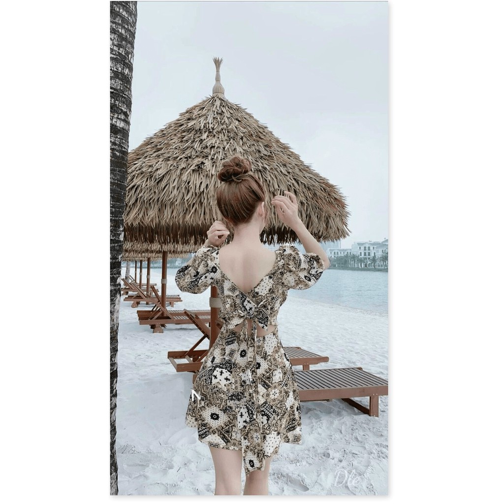 ĐẦM LỤA HỞ LƯNG IN 3D PHỐI NƠ XINH XẮN