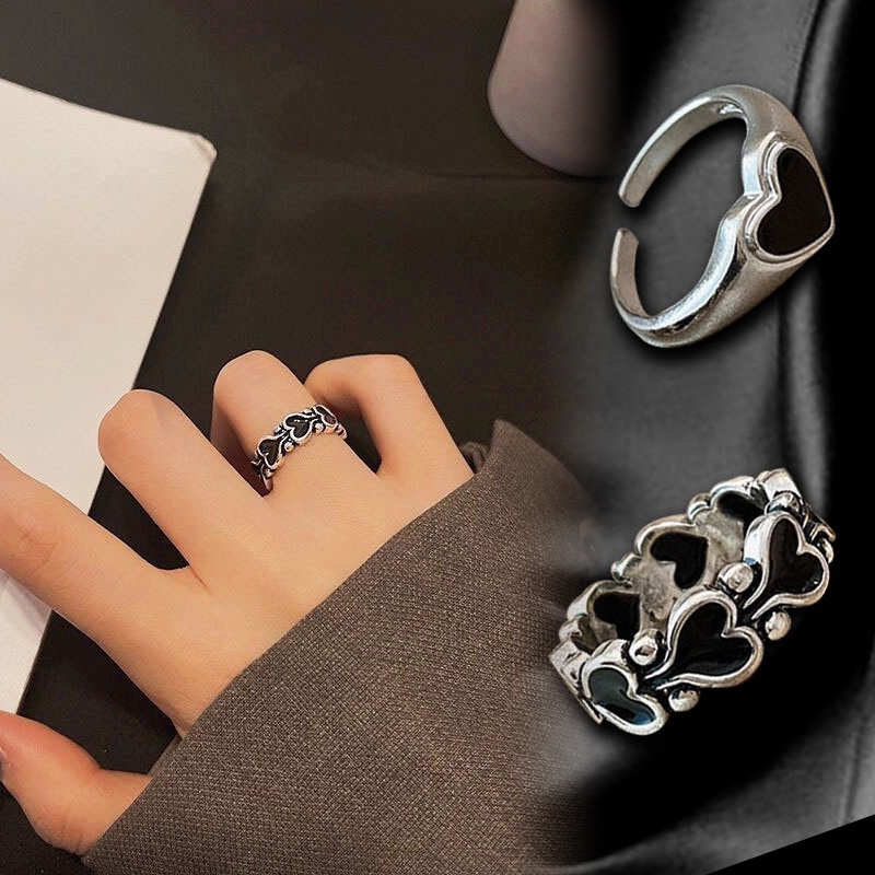 Nhẫn Hở Hình Trái Tim Màu Đen Cổ Điển Đơn Giản Có Thể Điều Chỉnh Cho Nam Và Nữ
