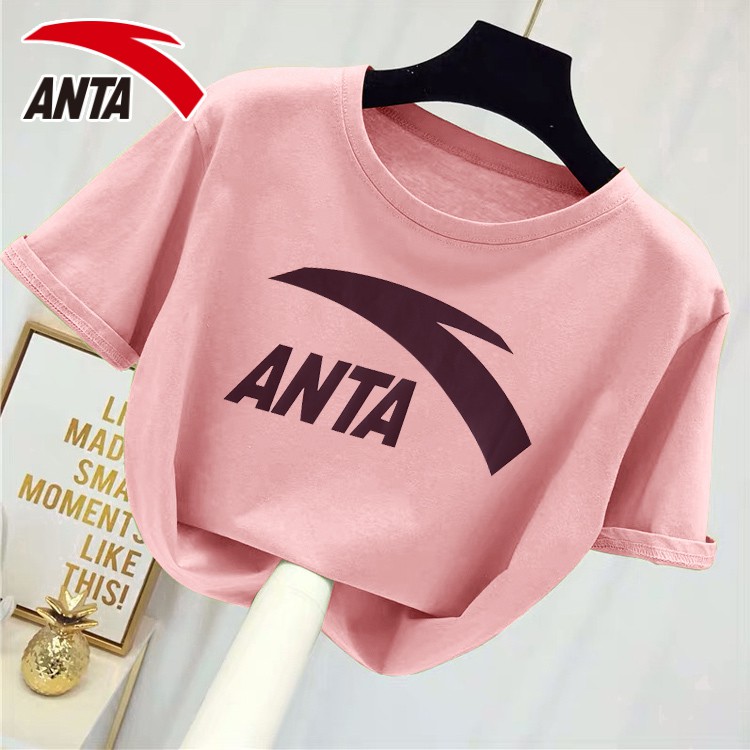 ☊☃☊Anta Women s 2021 Summer New Half Sleeve Big Logo Đồ thể thao Học sinh Màu hồng Top White Áo phông ngắn tay Nữ