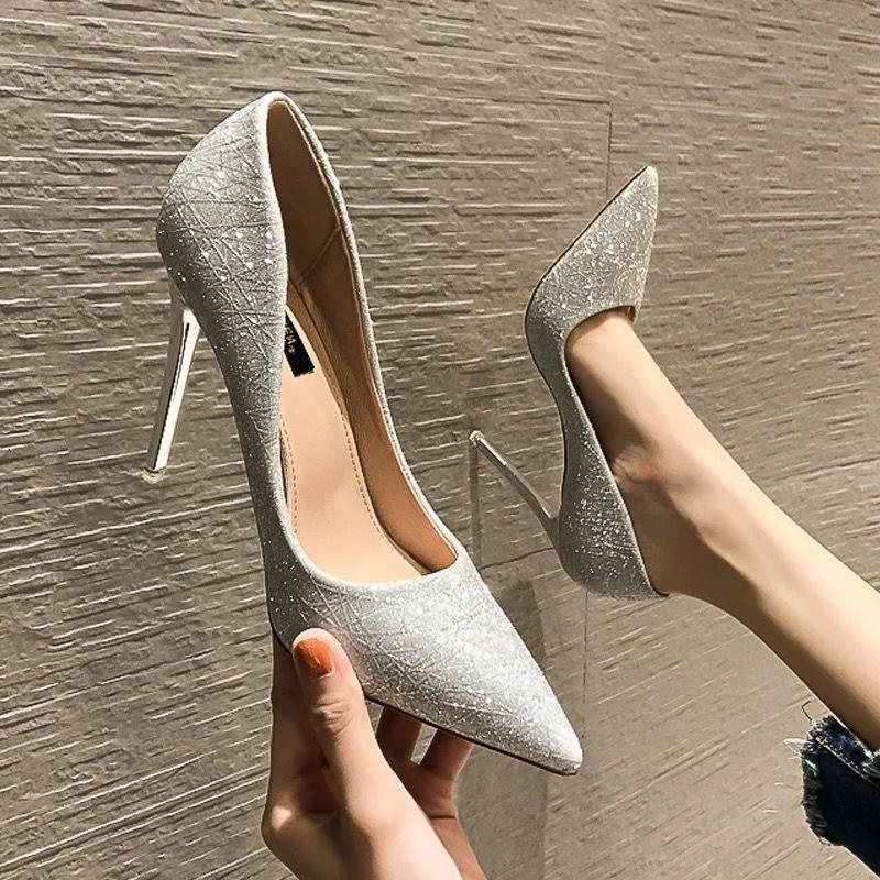 High Heels Women's Shoes Stiletto Wedding Shoes Autumn 2021 New Wedding Party Shallow Mouth Pointed Sequined Cloth Women