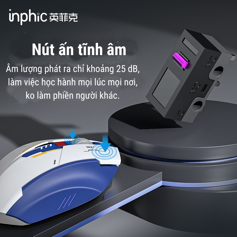 Chuôt không dây wireless, con chuột ko dây pin sạ có đèn Led tĩnh âm silent  INPHIC M6P thiết kế công thái học 6 nút