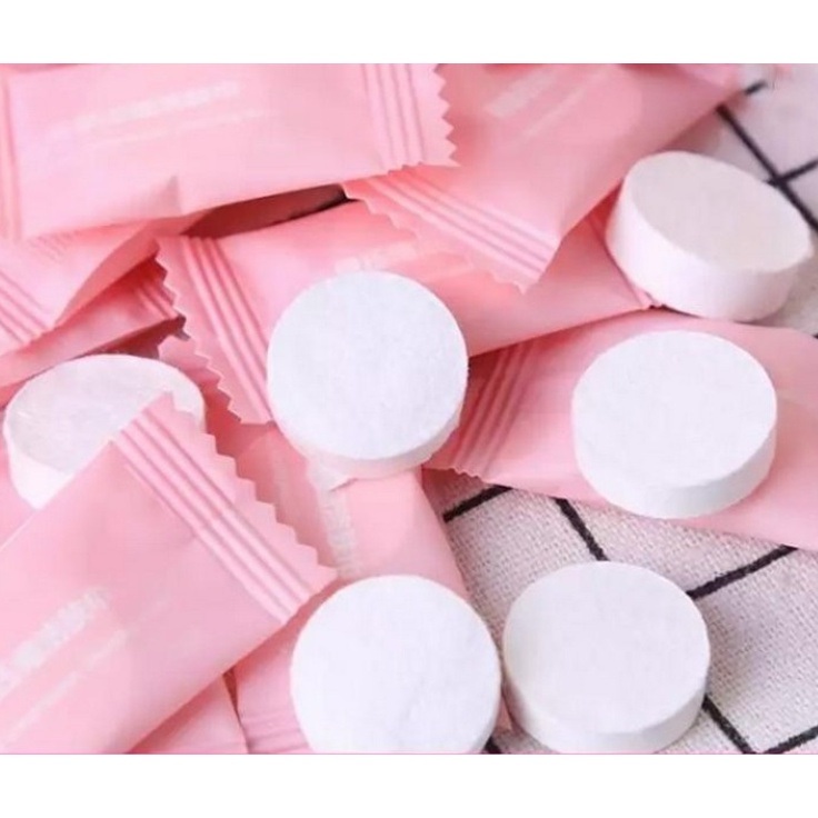 [ Có Hỏa tốc ] Khăn giấy nén dạng viên kẹo màu hồng dễ dàng bỏ túi