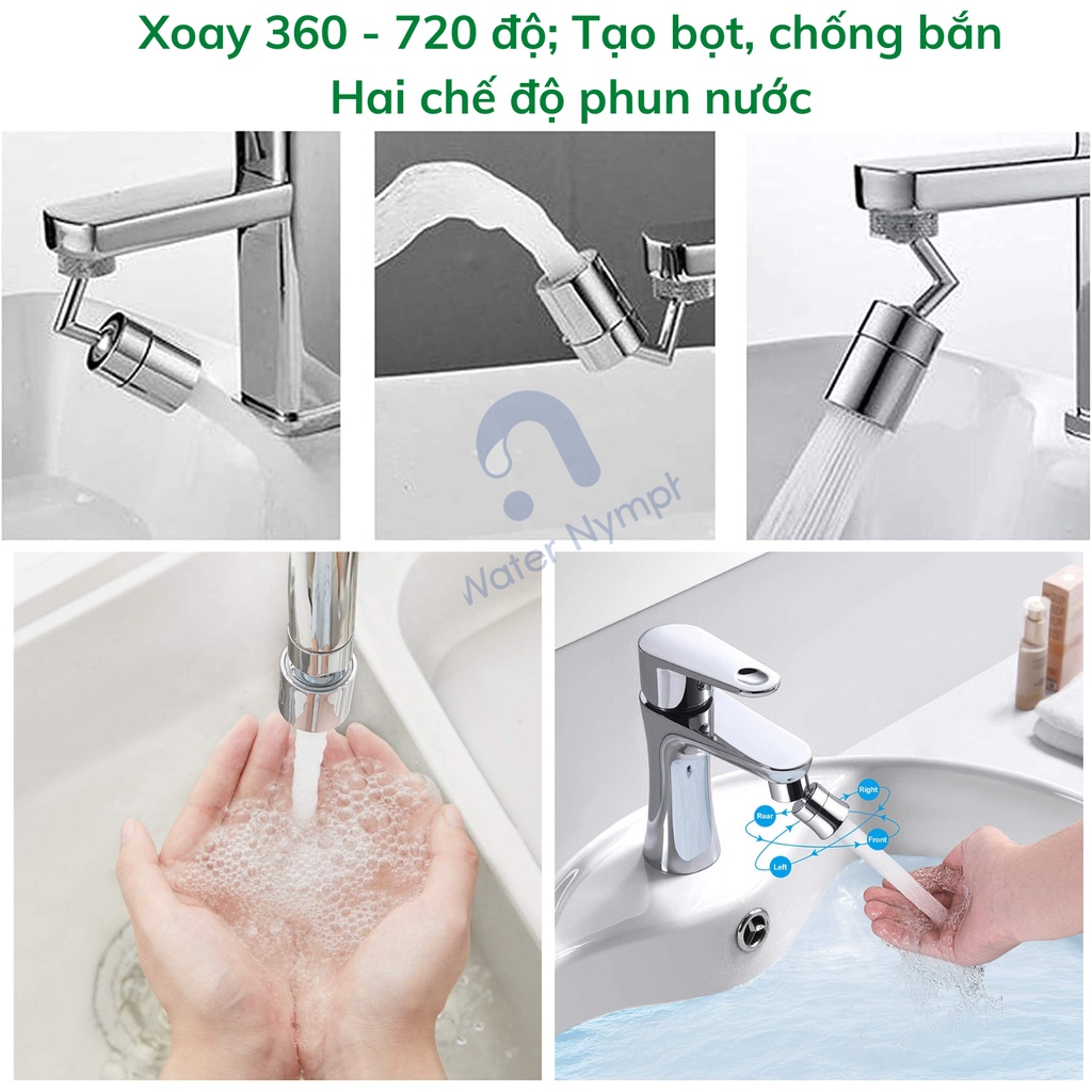 Đầu vòi nước xoay 360 - 720 độ, tăng áp, hai chế độ phun nước tiện ích Waternymph (tặng kèm (bộ) ren chuyển đổi)