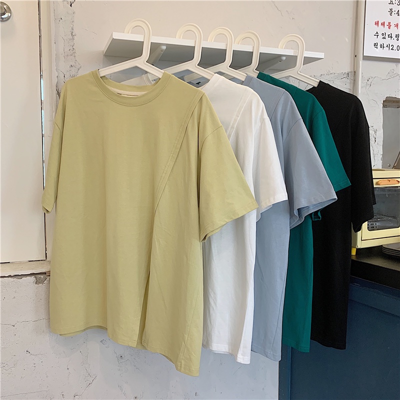 SUXI Áo thun nữ tay ngắn dáng rộng màu trơn thời trang mùa hè