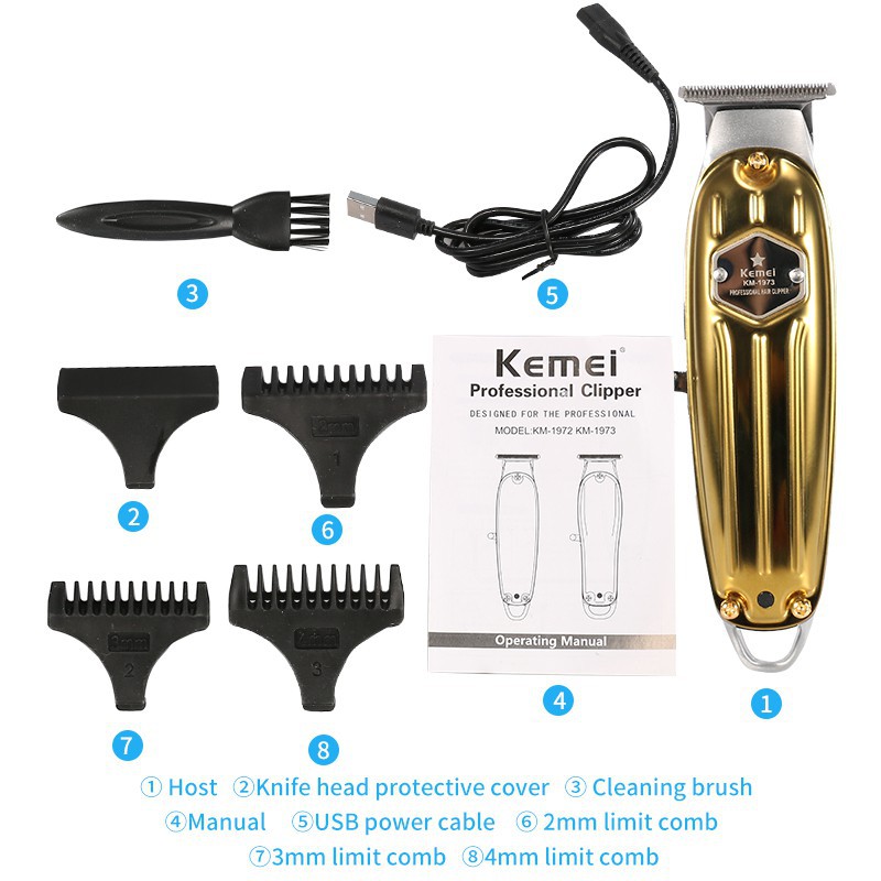 Bộ tông đơ cắt tóc Kemei KM-1973 từ kim loại chạy bằng điện có thể sạc lại