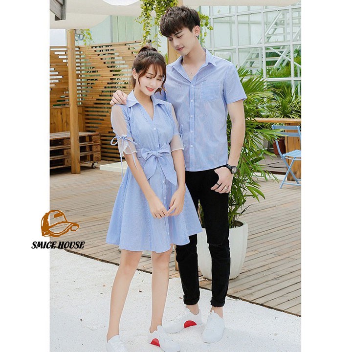 SET ÁO SƠ MI CẶP ĐÔI CHỤP HÌNH CƯỚI, ĐỒ CẶP ÁO SƠ MI ĐẦM XÒE SỌC XANH