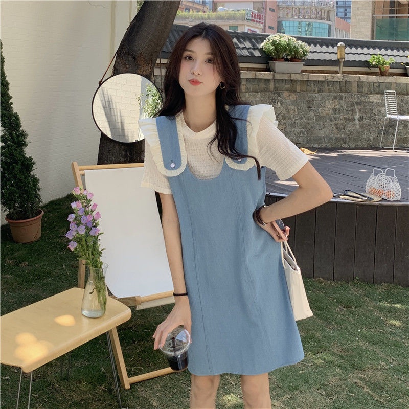 Bộ Áo Thun + Chân Váy Yếm denim Thời Trang Mùa Hè Hàng Mới Dành Cho Nữ 2022