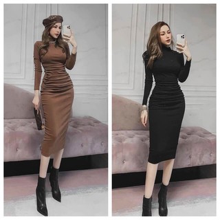 Đầm cổ lọ nhún dài tay cao cấp dễ mặc