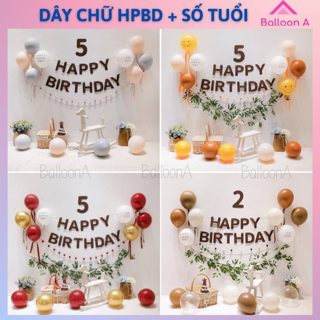 Dây treo chữ happy birthday chúc mừng sinh nhật+ số tuổi bằng vải nỉ màu nâu tây trang trí sinh nhật