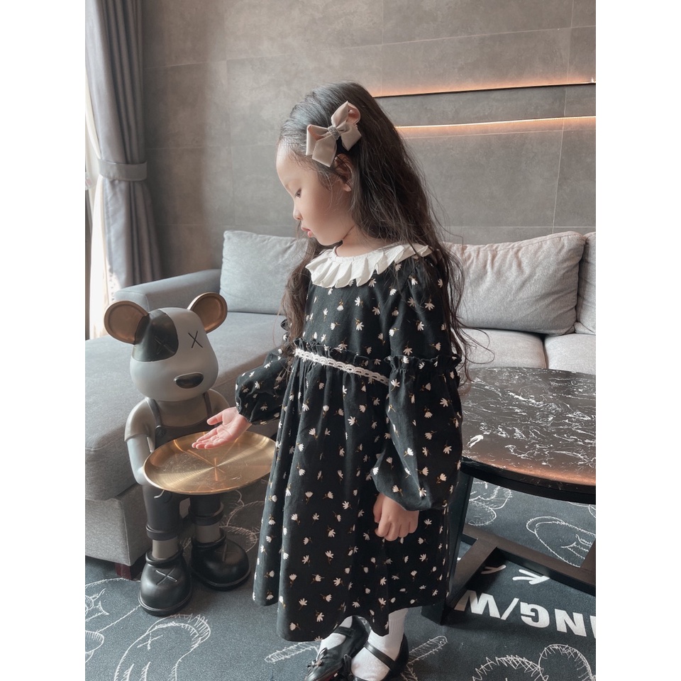 Váy Lennco nhung tăm đen cổ xếp ly cho bé gái
