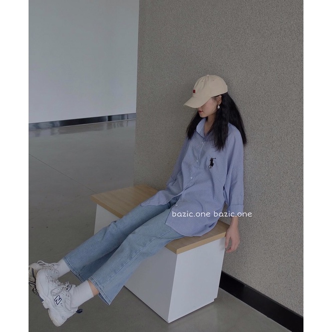 Áo sơ mi kẻ sọc thêu logo ngựa form rộng [Ảnh thật/Sẵn]