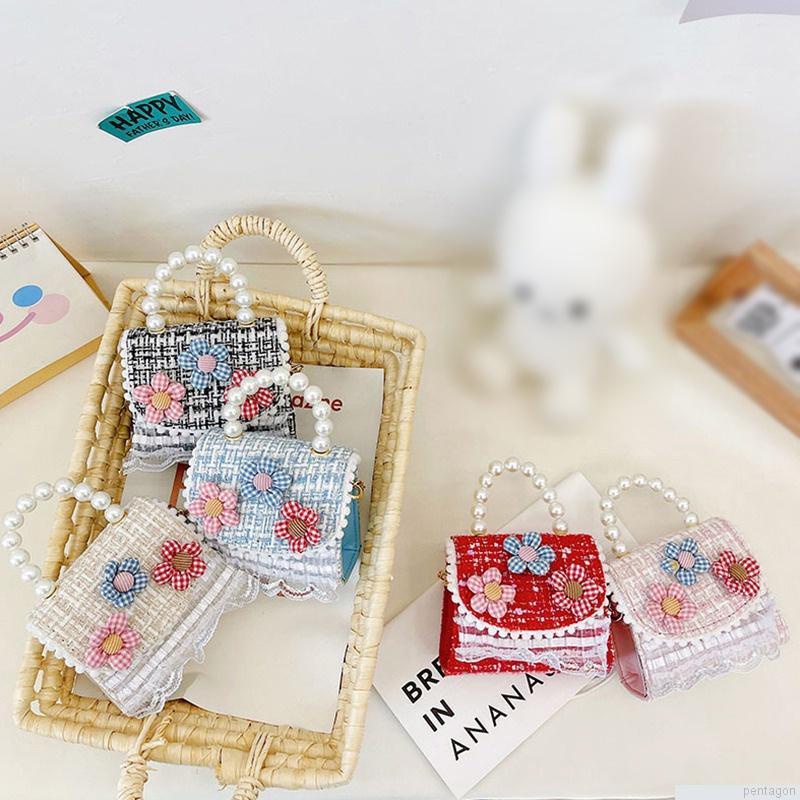 Túi đeo chéo mini đính hoa ngọc trai dễ thương cho bé gái