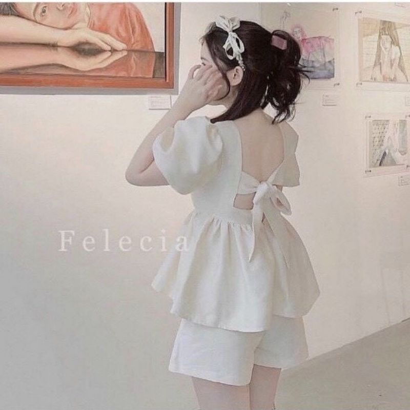 Sét Đồ Baby Doll Cổ Tròn Nơ Lưng To Tay Phồng Ulzzang, Bộ Đồ Bánh Bèo Đi Biển Cực Xinh