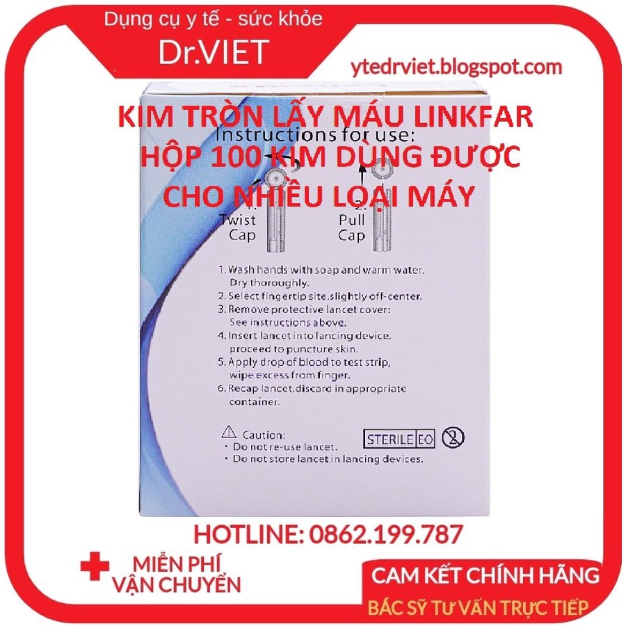 Hộp 100 KIM CHÍCH MÁU, KIM LẤY MÁU ĐẦU TRÒN LINKFAR CHO MÁY ĐO ĐƯỜNG HUYẾT TIỂU ĐƯỜNG, MỠ MÁU, KIM MẢNH CHÍCH KHÔNG ĐAU