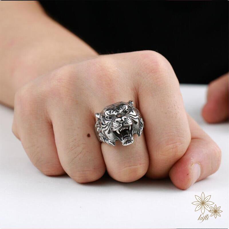 Nhẫn hình đầu hổ bằng hợp kim mạ bạc thời trang cho nam