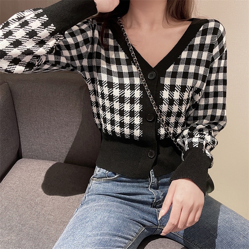 Áo khoác len cardigan nữ kẻ caro đen trắng tay dài bo gấu kiểu cổ V phong cách Hàn Quốc trẻ trung cá tính