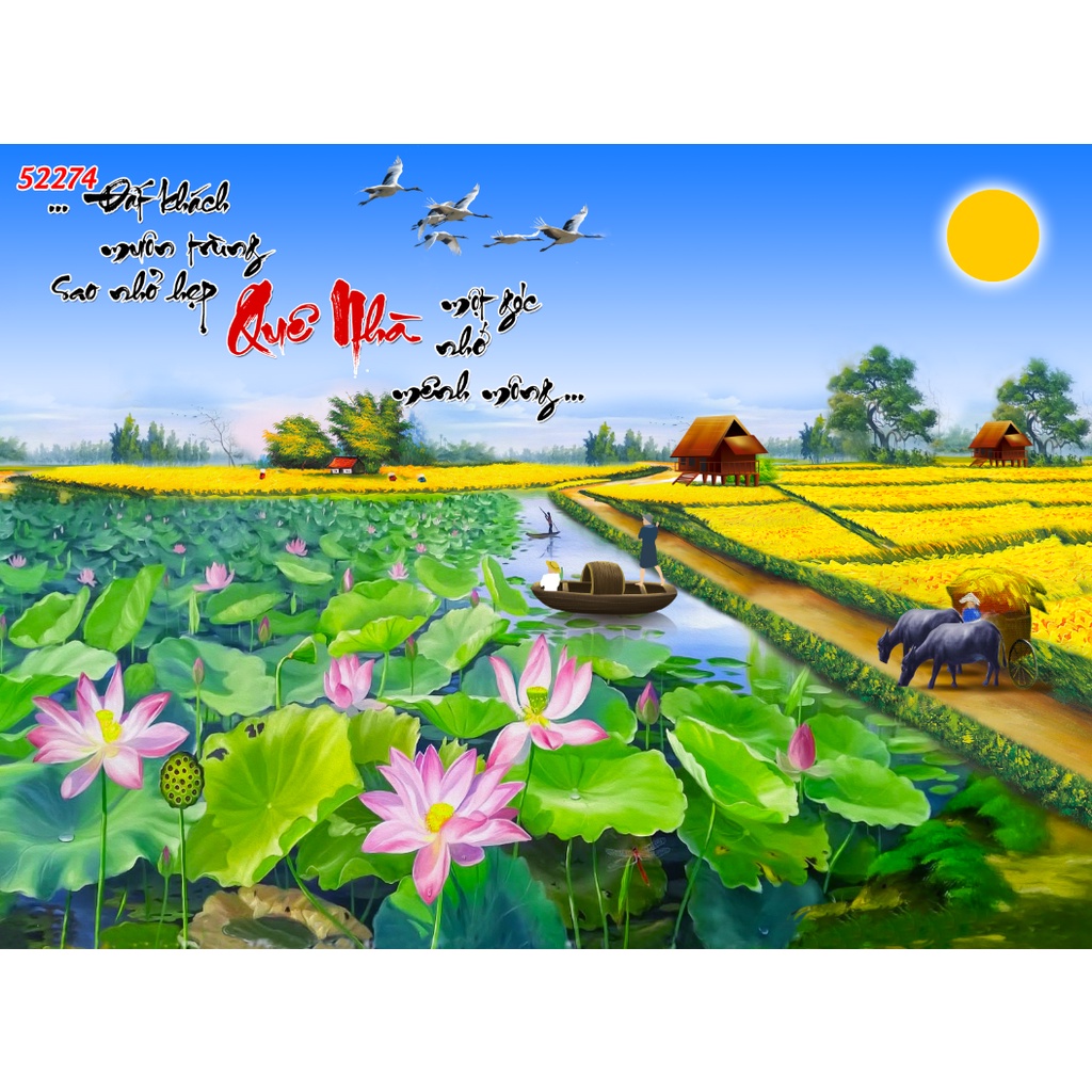 Tranh Làng Quê Việt Nam Thời Xa Xưa đầm sen, cây lá vàng, đồng lúa xanh chất liệu xé không rách, lau chùi thoải mái