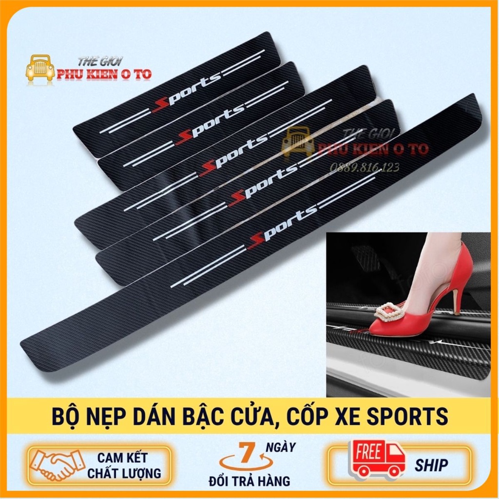 Bộ miếng nẹp dán xe ô tô chữ SPORTS chống trầy xước bậc cửa lên xuống, bảo vệ cốp xe ô tô bằng sợi CACBON bền đẹp