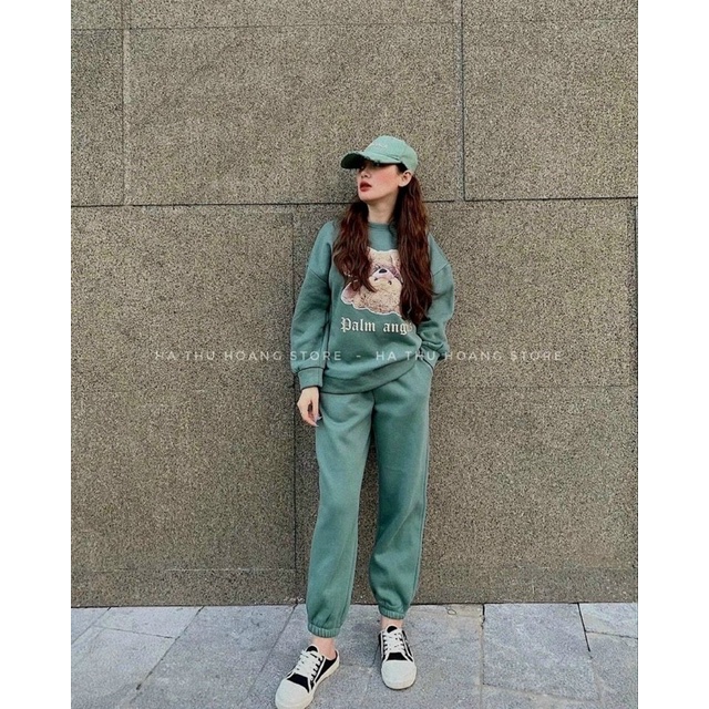 Sét bộ thời trang nữ mặc đi chơi chất nỉ bông tay dài in hình gấu mix quần jocker bo chun