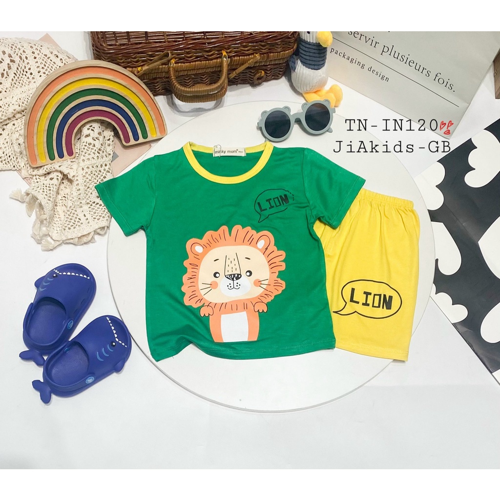 Bộ Ngắn Tay THUN LẠNH MINKY MOM In Hình Động Vật Phối Màu Áo Quần Cho Bé TN-IN120