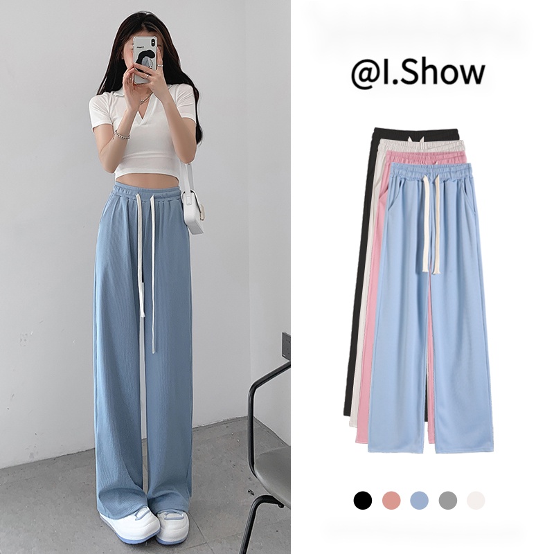 Quần Dài Ống Rộng Lưng Cao Vải Lụa Lạnh Mỏng Màu Xanh Dương Phong Cách Mới Thời Trang Mùa Hè