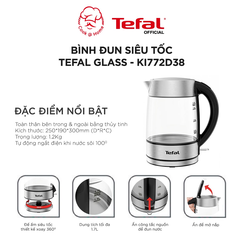 Bình đun siêu tốc Tefal KI772D38 - thủy tinh - 2400W, 1.7L