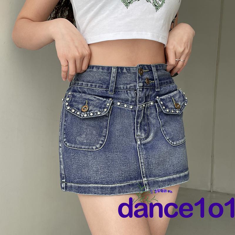 ✲IT✬Women´s Fashion Rhinestone High Waist Flap Pocket Mini Denim Skirts