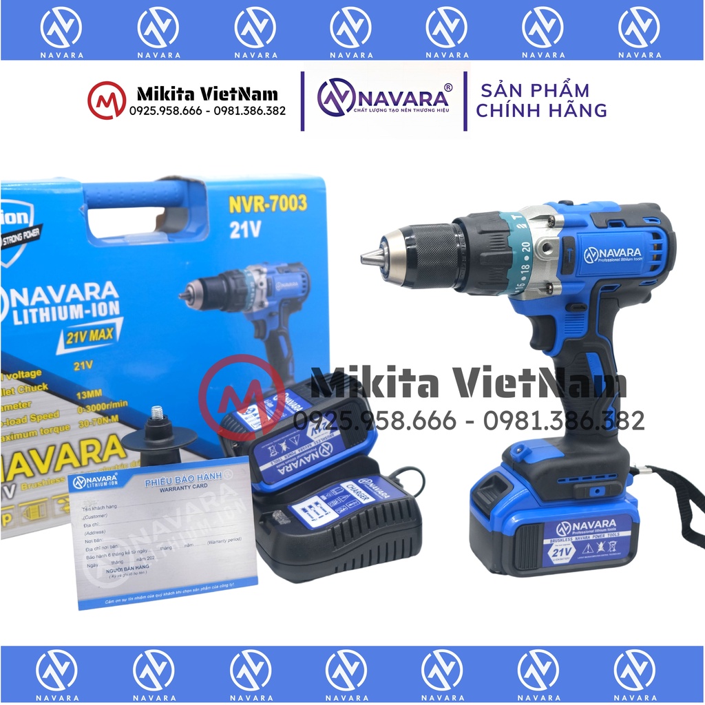 Máy khoan pin NAVARA 20v NVR 7003 kèm 2pin động cơ không chổi than- HÀNG CHÍNH HÃNG