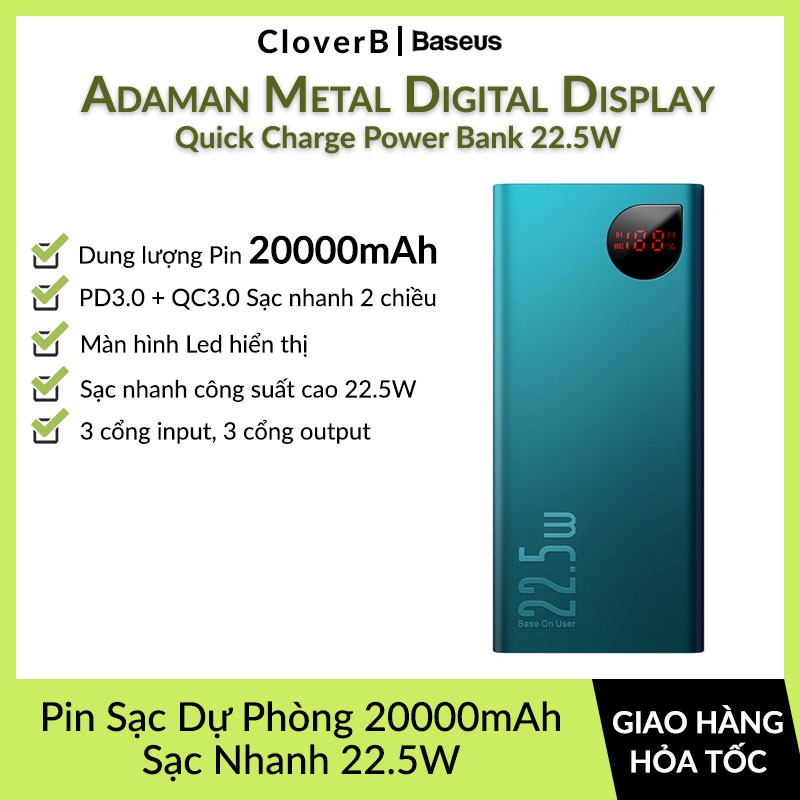 Pin sạc dự phòng 20000mAh Baseus Adaman Metal Digital Display Quick Charge 22.5W Hỗ Trợ PD3.0, QC3.0, SCP, AFC