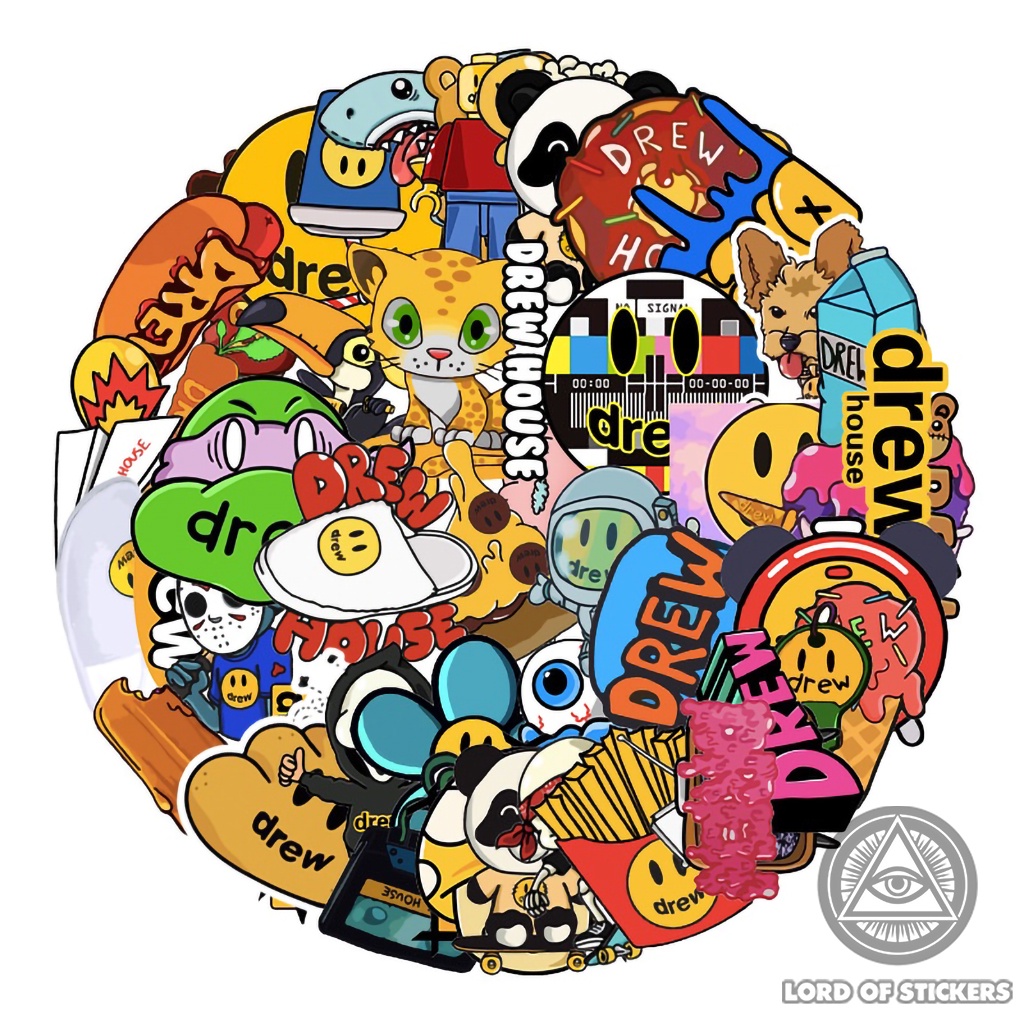 Set 54 Sticker DREW Cực Chất, Hình Dán Drew House Justin Bieber Chống Thấm Nước Trang Trí Mũ Nón Bảo Hiểm, Laptop, Vali