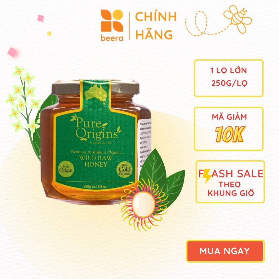 Mật Ong Nguyên Chất Wild Raw Pure Origins Beera nhập khẩu chính hãng từ Úc, hỗ trợ tiêu hóa tốt(250g)