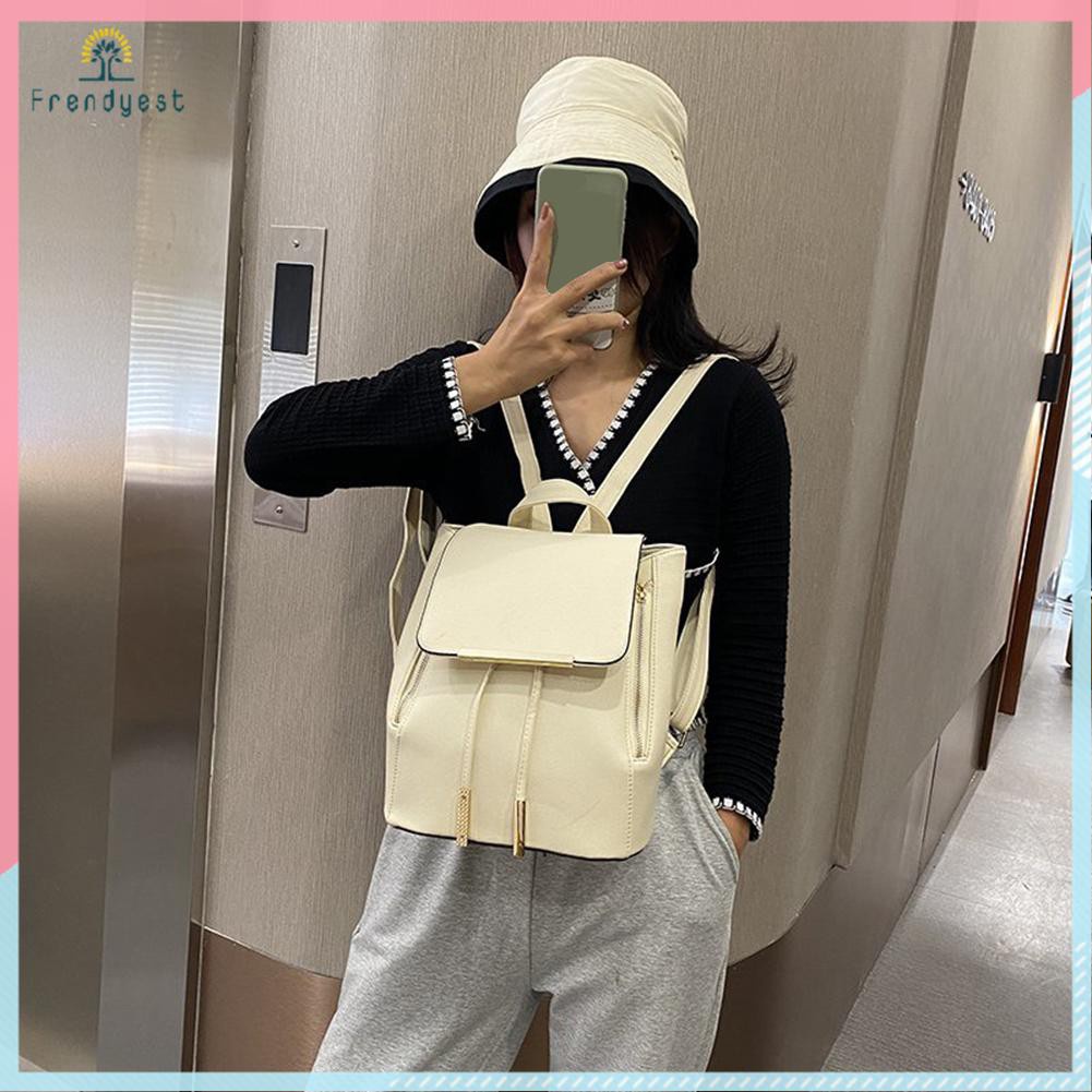 Preppy Style Women PU Pure Color Backpack Casual Ladies Drawstring Handbags