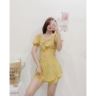 ĐẦM JUM LỤA DỰ TIỆC HOA VÀNG NHÍ PHỐI NƠ TRƯỚC TAY LỠ DÁNG XÒE-hình thật shop chụp