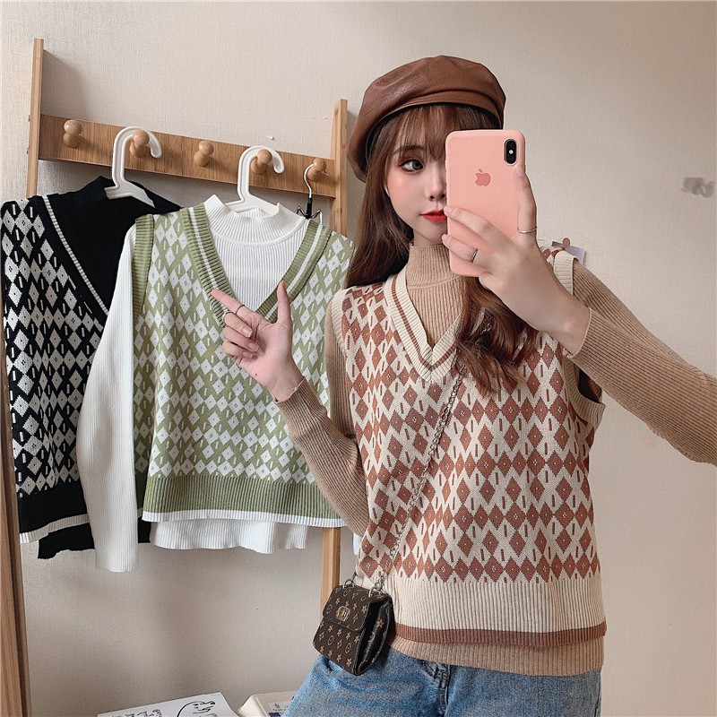 SUXI Áo Len Nữ Không Tay Cổ Chữ V Phong Cách Hàn Quốc