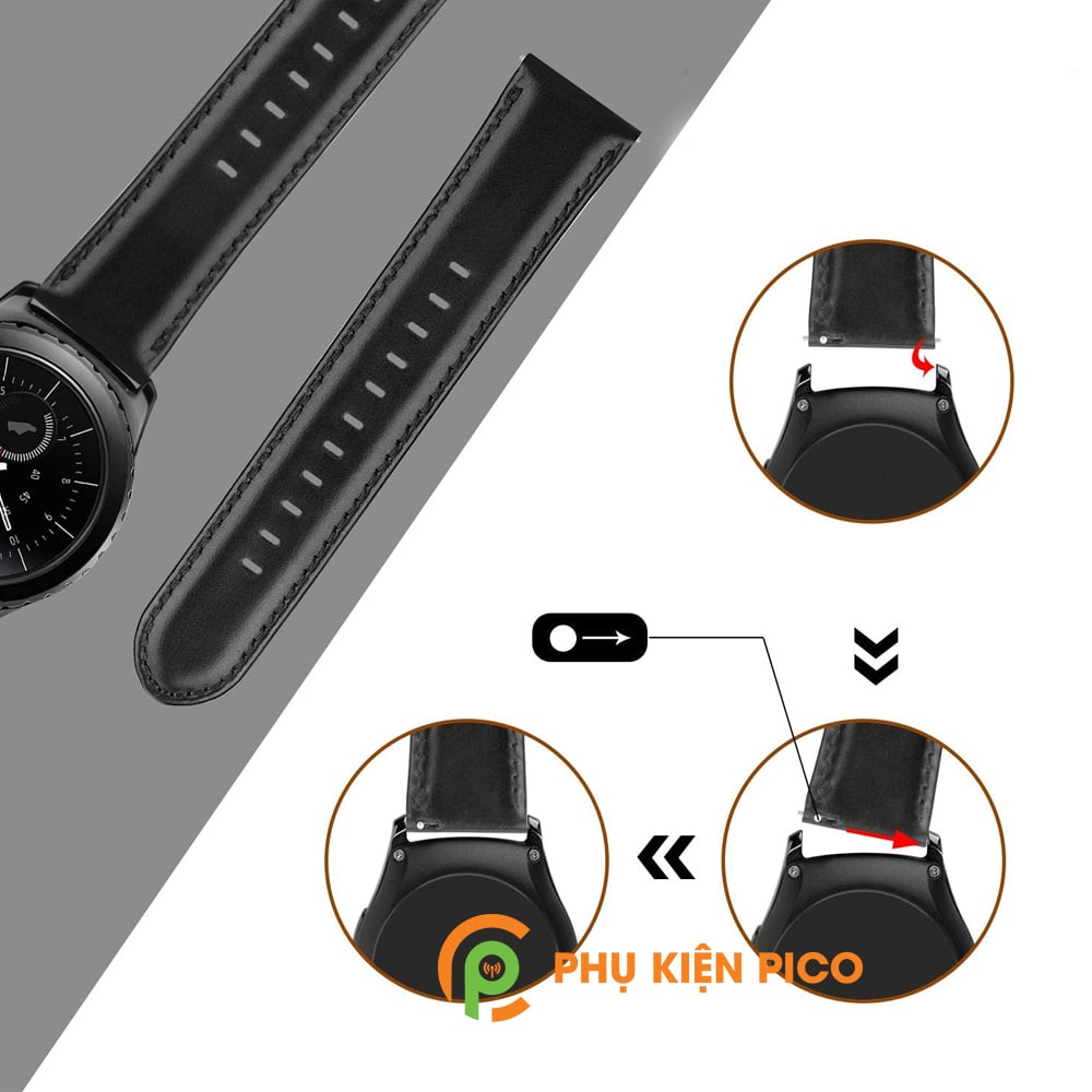 Dây da đồng hồ Samsung Watch Active 2 bản 40/44mm dây 20mm vân trơn màu đen khóa bạc, màu nâu khóa bạc