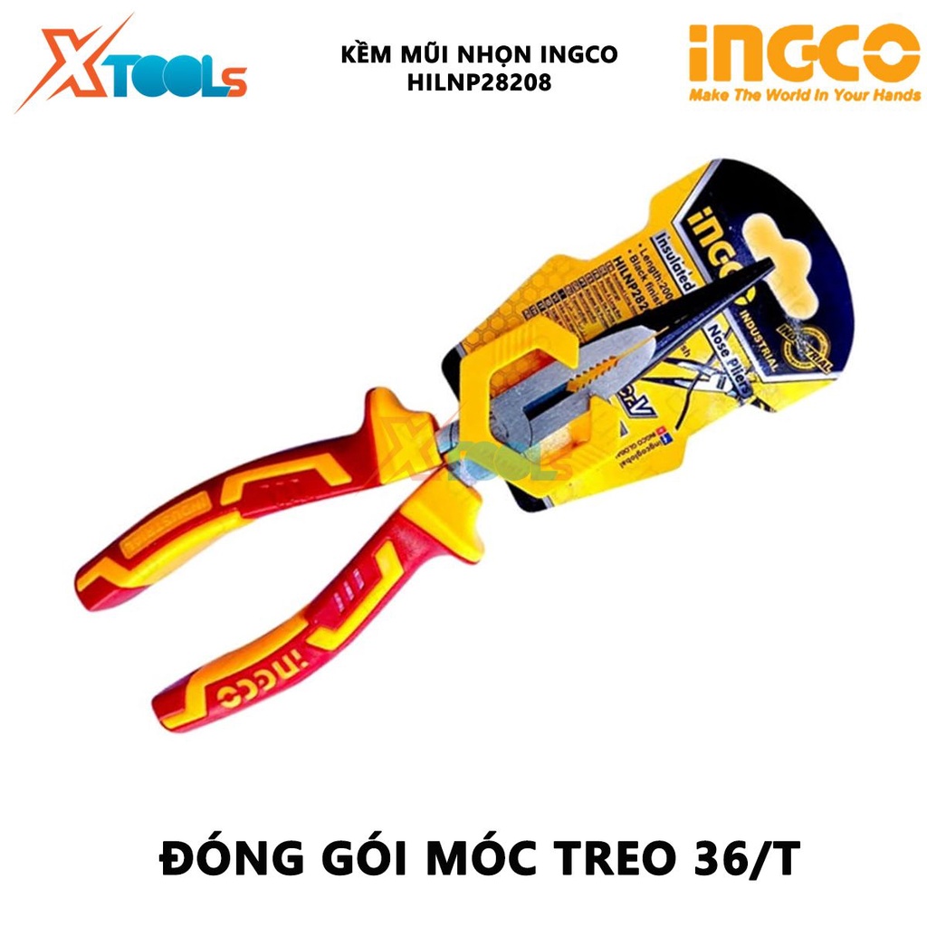 Kềm mũi nhọn cách điện INGCO HILNP28208 | Kìm cắt công nghiệp Kích thước 8&quot;/200mm Đầu kềm được đánh bóng và chống gỉ, dù