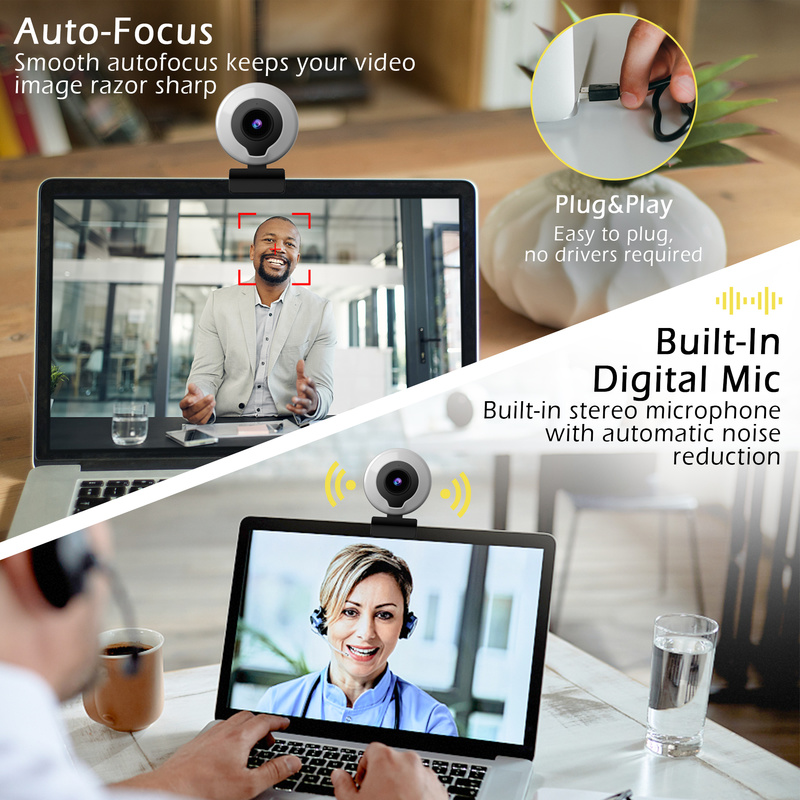 Webcam 2K HD Có Vòng Đèn Led Tự Động Chỉnh Được Cho Máy Tính/laptop