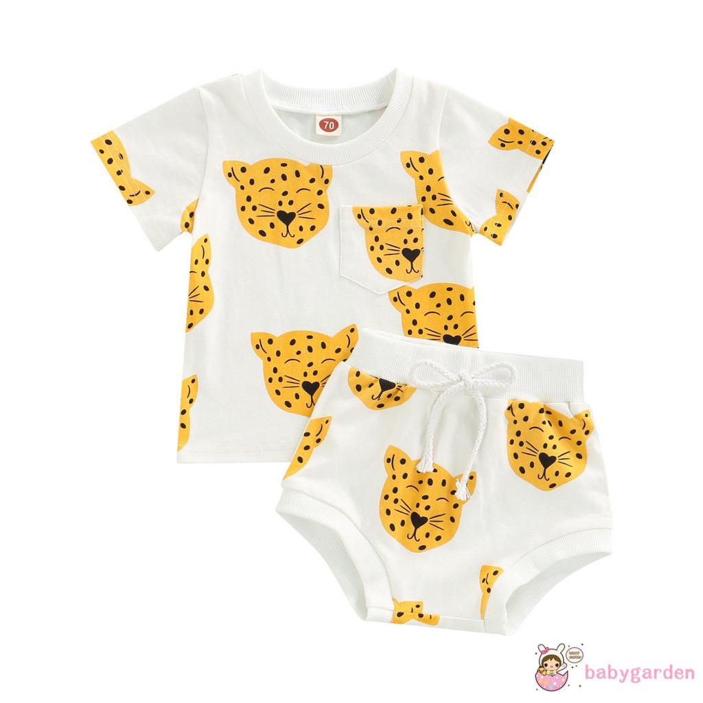 Bộ Áo Thun Ngắn Tay Cổ Tròn In Họa Tiết Da Báo + Quần Short Yếm Dễ Thương Cho Bé Trai Từ 0-2 Tuổi